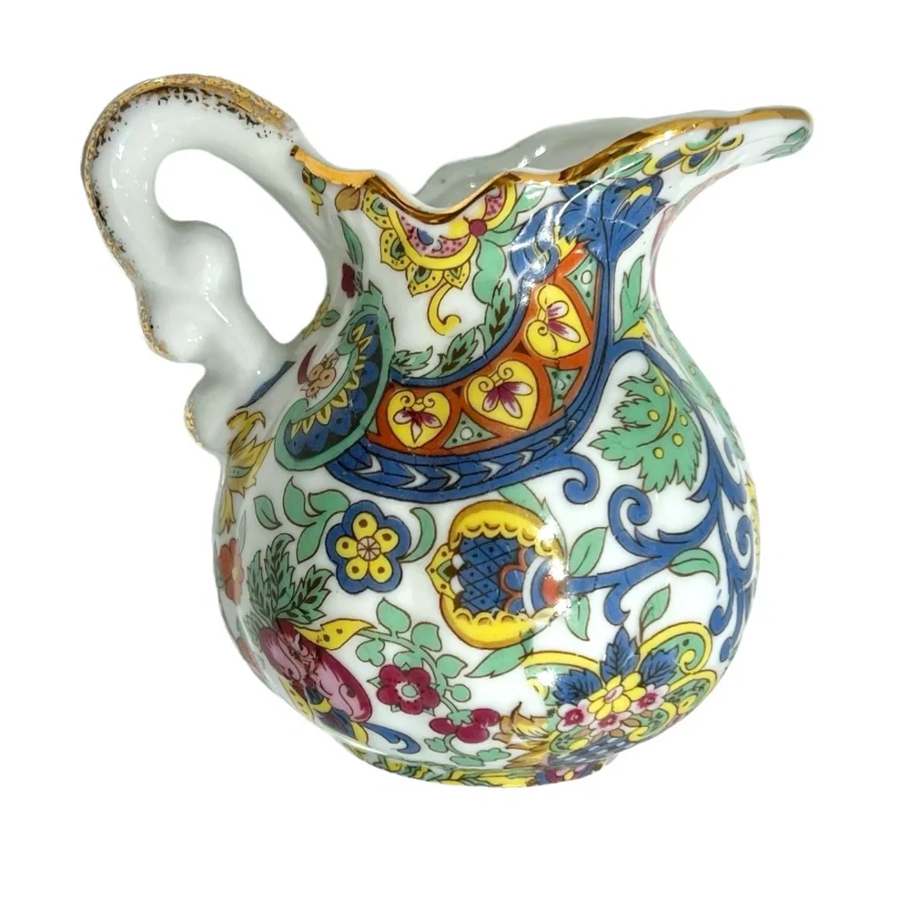 VINTAGE LENWILE/ARNART OF JAPAN SMALL WHITE W MULTICOLOR CREAMER & UNDERPLATE